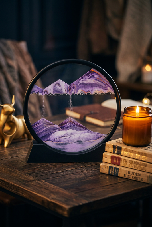 EverShift Sand Art Lamp lifestyle photo - moody desk scene with warm amber lighting